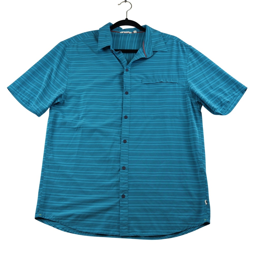 Cotopaxi Mens L Button Down Shirt Teal Blue Striped Short Sleeve Pocket Hiking